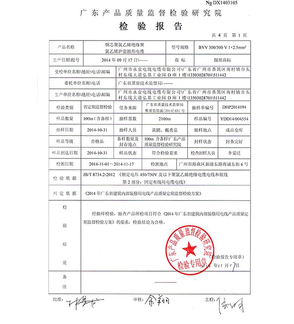 檢驗報告BVV護(hù)套電線